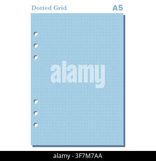 Blue A5 loose leaf dotted grid sheet displays punched holes and flat vector linework. For printable stationery, worksheets, planners, notes, office, school, writing, organization, layouts Stock Vector