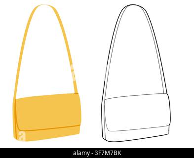 Cross-Body Bag with flap closure. Fashion accessory technical illustration. Vector satchel front 3-4 view for Men, women, unisex style, flat handbag CAD mockup sketch outline isolated Stock Vector