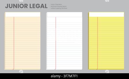 three junior legal pads show ruled surfaces red margins blank headers on gray. Suitable for office writing school notes printable forms stationery catalogs organization projects planning Stock Vector