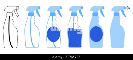 Set of six blue trigger spray bottles showing outlines labels liquid bubbles solid drip styles. Ideal for cleaner disinfectant chemical household wash product apps logos packaging graphic kits Stock Vector