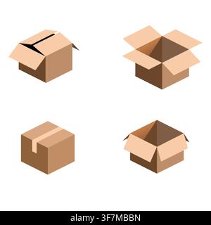 Four 3D brown boxes, open and closed Stock Vector