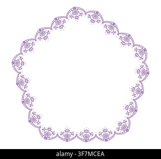 Lavender folk floral lace circular wreath with flower scallops plus tiny crown accents forms vintage round ornament isolated on white for wedding labels, badges or cottagecore invitation stationery. Stock Vector