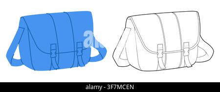Courier Carryall Messenger Bag silhouette. Fashion accessory technical illustration. Vector satchel front 3-4 view for Men, women, unisex style, flat handbag CAD mockup sketch outline isolated Stock Vector