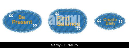 Set of three denim quote frames in oval, stadium and almond shapes with frayed edges, orange stitch accents plus lettering. Perfect for Instagram posts, captions or lifestyle branding callouts Stock Vector