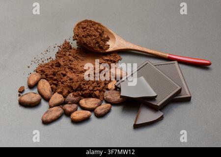 Cocoa powder, cocoa beans and dark chocolate Stock Photo