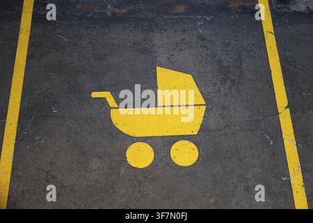 Yellow marker, stroller parking space, Alesund or Alesund, More og Romsdal Fylke, Norway Stock Photo