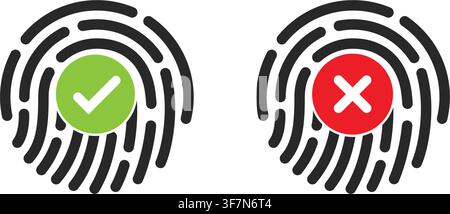 fingerprint icons with green checkmark and red cross mark symbols representing biometrics approval or rejection status Stock Vector
