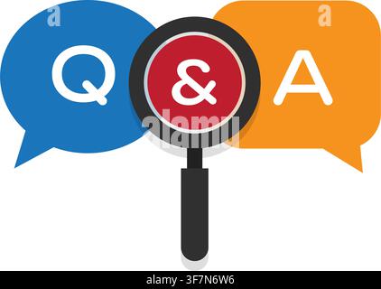 illustration showing question and answer speech bubbles with a magnifying glass for support search and help topics. Stock Vector