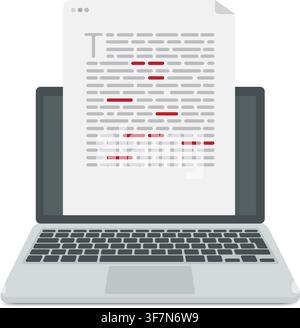 illustration of laptop screen displaying document review process with highlighted text for editing and proofreading work. Stock Vector