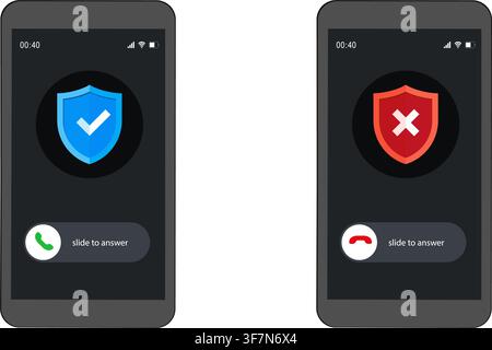 illustration of two mobile screens displaying verified contact caller identification and spam detection warnings Stock Vector