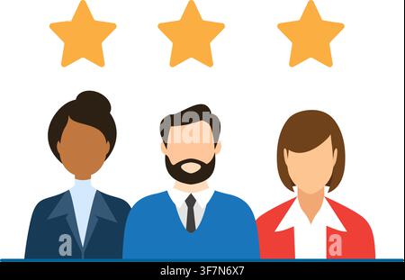 illustration shows team members under three stars to represent customer feedback review rating and employee performance Stock Vector