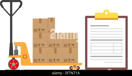 hand pallet truck carrying stacked cardboard boxes alongside a clipboard document for inventory management and cargo distribution. Stock Vector