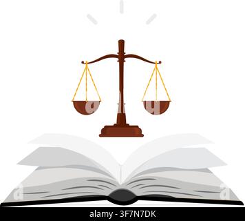 an illustration featuring balance scales positioned over an open textbook representing law practice and court rules Stock Vector