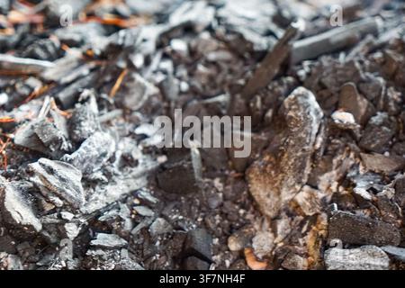 Close up of burnt charcoal and ash showing rough texture and natural pattern. Stock Photo