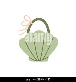 Sage green seashell-shaped beach handbag featuring a delicate pink ribbon bow detail on the handle. Flat summer ocean-themed bag vector illustration Stock Vector