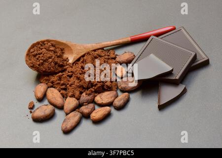 Cocoa powder, cocoa beans and dark chocolate Stock Photo