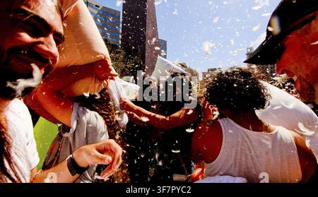 A group of friends enjoying a carefree pillow fight under a sunlit sky with feathers everywhere, The great Los Angeles pillow fight of 2017 Stock Photo