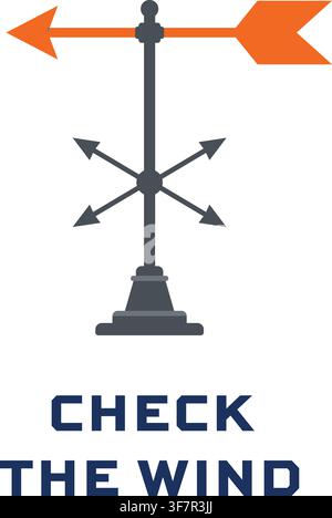 A flat vector weather vane with directional arrows and the English text Check The Wind. Stock Vector