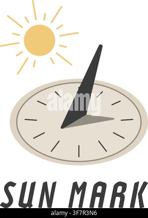 A flat vector sundial beneath a bright sun with the English text Sun Mark. Stock Vector