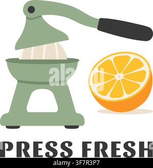 A flat vector manual citrus press beside a sliced lemon with the English text Press Fresh. Stock Vector