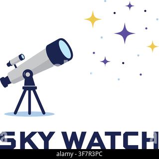 A flat vector telescope pointed toward sparkling stars with the English text Sky Watch. Stock Vector