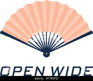 A flat vector folding hand fan fully spread open with the English text Open Wide. Stock Vector