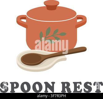 A flat vector cooking pot with a wooden spoon resting on a small dish and the English text Spoon Rest. Stock Vector