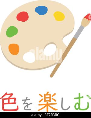 A colorful artist palette and paintbrush with Japanese text meaning Enjoy Colors. Stock Vector
