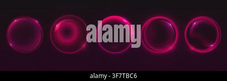 Glowing pink spheres with neon gradient light and liquid texture, futuristic abstract vector orbs on dark transparent background. Soft holographic glass balls, fluid bubbles with smooth refraction Stock Vector