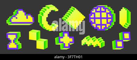 Retro pixel art icons, 3d acid color elements, y2k aesthetic stickers or game graphics on background. Digital 8 bit style vector characters of cloud, globe, hourglass symbol, trendy brutalist designs Stock Vector