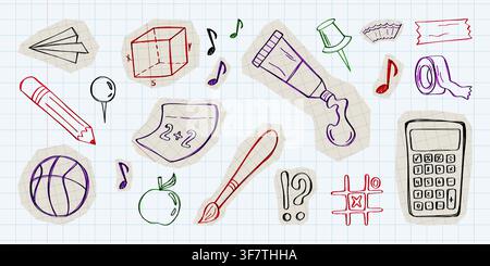 Hand drawn school doodle set isolated on notebook background. Vector realistic illustration of paper stickers with pen scribbles, paper plane, pin, ball, calculator and apple collage icons Stock Vector