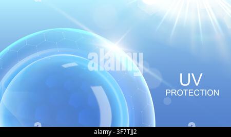 Uv shield protection banner with glass dome barrier and blue hexagon pattern. Vector realistic illustration of transparent 3d sphere with sun light effect, sunscreen technology, ultraviolet block Stock Vector
