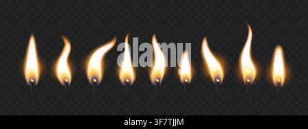 Realistic 3D candle lights isolated on transparent background. Vector illustration of burning flame for spa, meditation, party decoration, romantic dinner or birthday celebration design templates Stock Vector