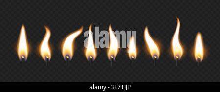 Realistic 3D candle lights isolated on transparent background. Vector illustration of burning flame for spa, meditation, party decoration, romantic dinner or birthday celebration design templates Stock Vector