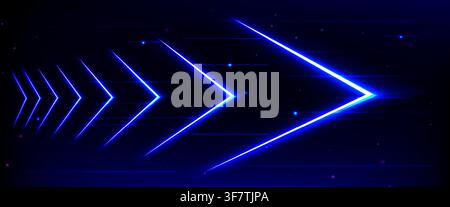 Futuristic background with blue neon arrows, light speed motion effect on black backdrop. Vector realistic illustration of laser beams glowing in darkness, abstract tech banner or game design Stock Vector