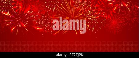 Chinese festive poster with fireworks and golden frame on red background. Vector realistic illustration of fire sparkles, traditional border decoration with abstract pattern, asian New Year banner Stock Vector