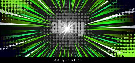Comic book background with radial lines and dynamic burst effect, abstract vector cartoon banner with halftone texture. Pop art explosion pattern with black green rays, vibrant manga bg with flash Stock Vector