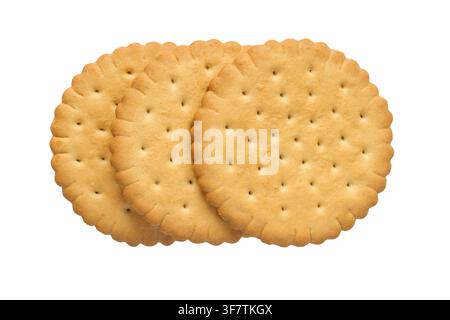 Several round biscuits in a row on a white background. Three simple round cookies isolated. Stock Photo