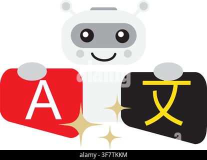 Cute Robot Translator AI Icon with Language Conversion Cards Vector Illustration Stock Vector