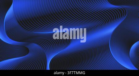 Abstract background with blue wave pattern on black. Vector futuristic illustration, modern tech banner design with curve lines and glossy metallic texture, elegant technology presentation template Stock Vector