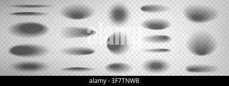 3d realistic shadow effects for round and oval objects isolated on transparent background. Vector illustration of drop shadows with soft edges, dark grey spots on flat surface Stock Vector
