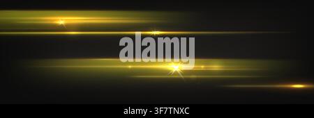 Yellow light beams streak across dark background. Vector realistic illustration of golden neon glow effects, bright horizontal lines, abstract speed motion for race sports or laser technology designs Stock Vector
