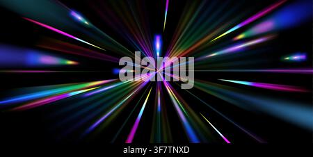 Radiant light burst with rainbow spectrum rays exploding from center. 3d vector realistic illustration, colorful beams creating dynamic speed effect on black background, holographic abstract backdrop Stock Vector