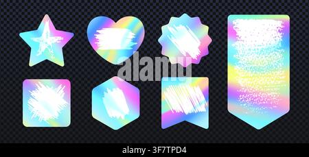 Holographic scratch cards set isolated on transparent background. Vector realistic illustration of star, square, heart lottery tickets, metal texture and iridescent foil effect, coupon design Stock Vector