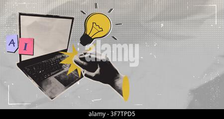 Trendy collage with halftone laptop, human hand and lightbulb. Ai concept in contemporary style. Vintage vector illustration of retro artificial intelligence banner design, modern digital education Stock Vector