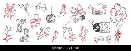 Whimsical disco ball and party doodle set on white background. Vector illustration of hand drawn celebration elements, gift boxes with ribbon bows, wine glasses, stars, vinyl records, air balloons Stock Vector
