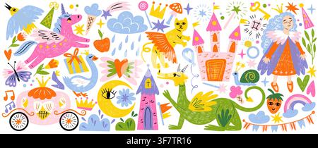 Hand drawn crayon unicorn and fairy castle pattern on white background. Vector cartoon illustration of cute chalk doodles, soft pastel princess coach, star, heart, magic animals, nursery room design Stock Vector