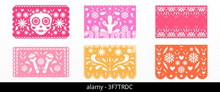Set of Mexican papel picado patterns on transparent background. Vector illustration of colorful paper cut designs, traditional fiesta frame borders with floral folk art motifs, Day of Dead elements Stock Vector
