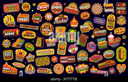 Fast food groovy y2k stickers, funky takeaway burgers patch labels of retro cartoon pizza, hamburger, hot dog and coffee characters. Vector fast food restaurant stickers set with groovy smile emojis Stock Vector