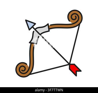 Heraldry bow and arrow color line icon or symbol. Royal heraldry lineart pictogram, ancient medieval icon. Vintage crest sign Stock Vector